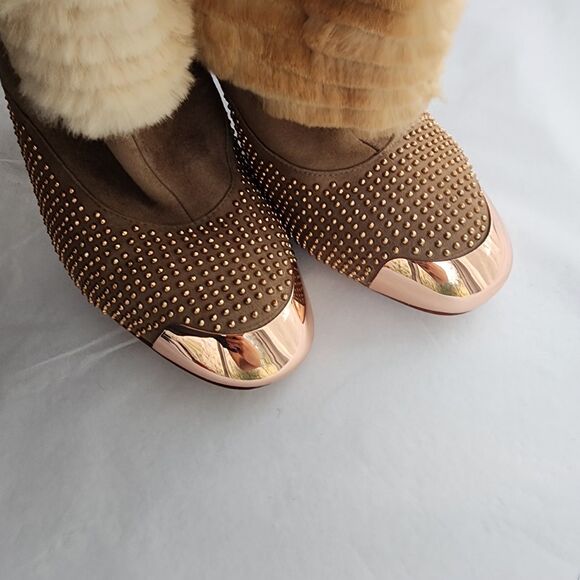Ivy Kirzhner Fur & All Leather boots Size 8 Mid-Calf Rose Gold Studded Heeled - Picture 11 of 12